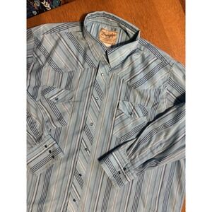 Wrangler Western Snap Shirt Mens 3XB Big Blue Striped Pearl Snap Cowboy Y2K